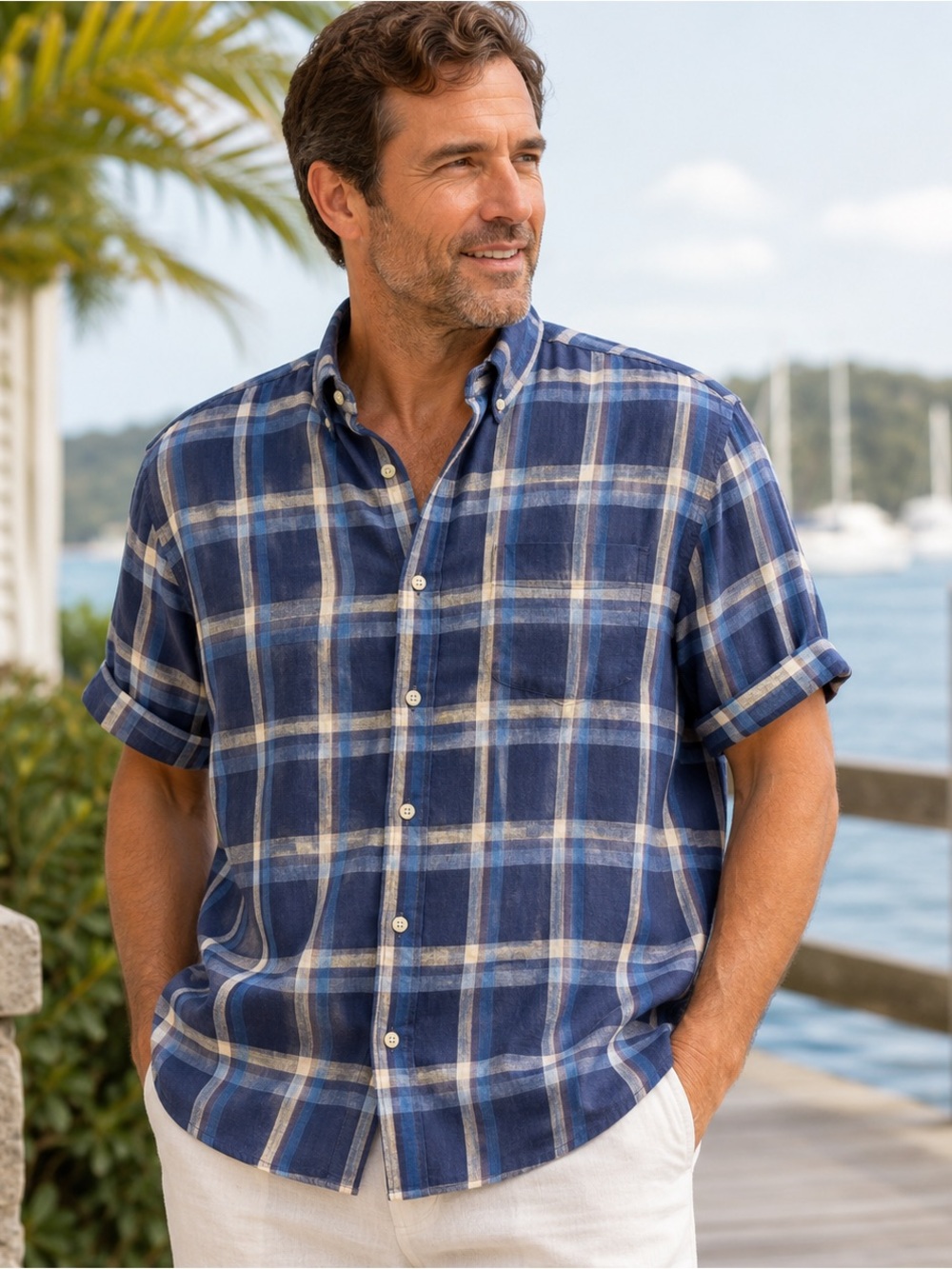 Cremieux Linen Short Sleeve Plaid Shirt XXL Coastal Resort